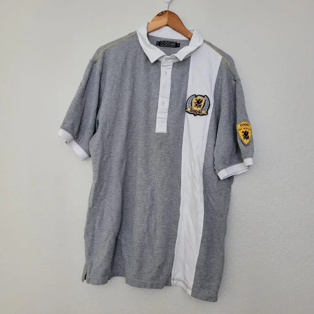 Vintage Coogi Mens Polo Shirt XL Gray White Crest Logo Embroidered Collared Y2K